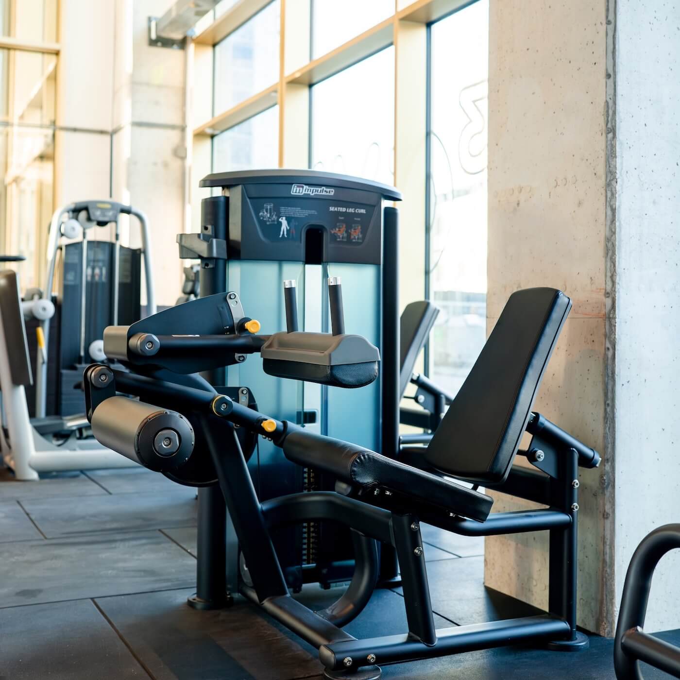 Krachtapparatuur bij het raam in de trainingsruimte van F3 GYM